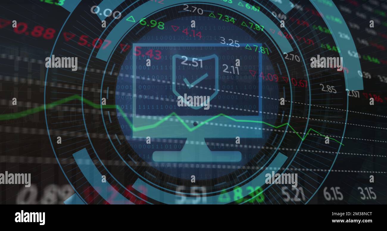 Image of scope scanning with computer icon over stock market on black ...