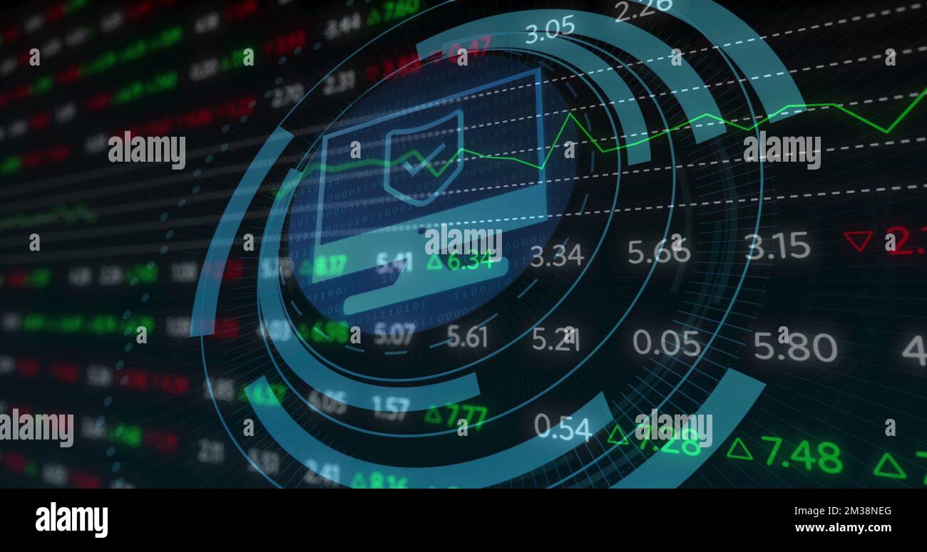 Image of scope scanning with computer icon over stock market on black ...
