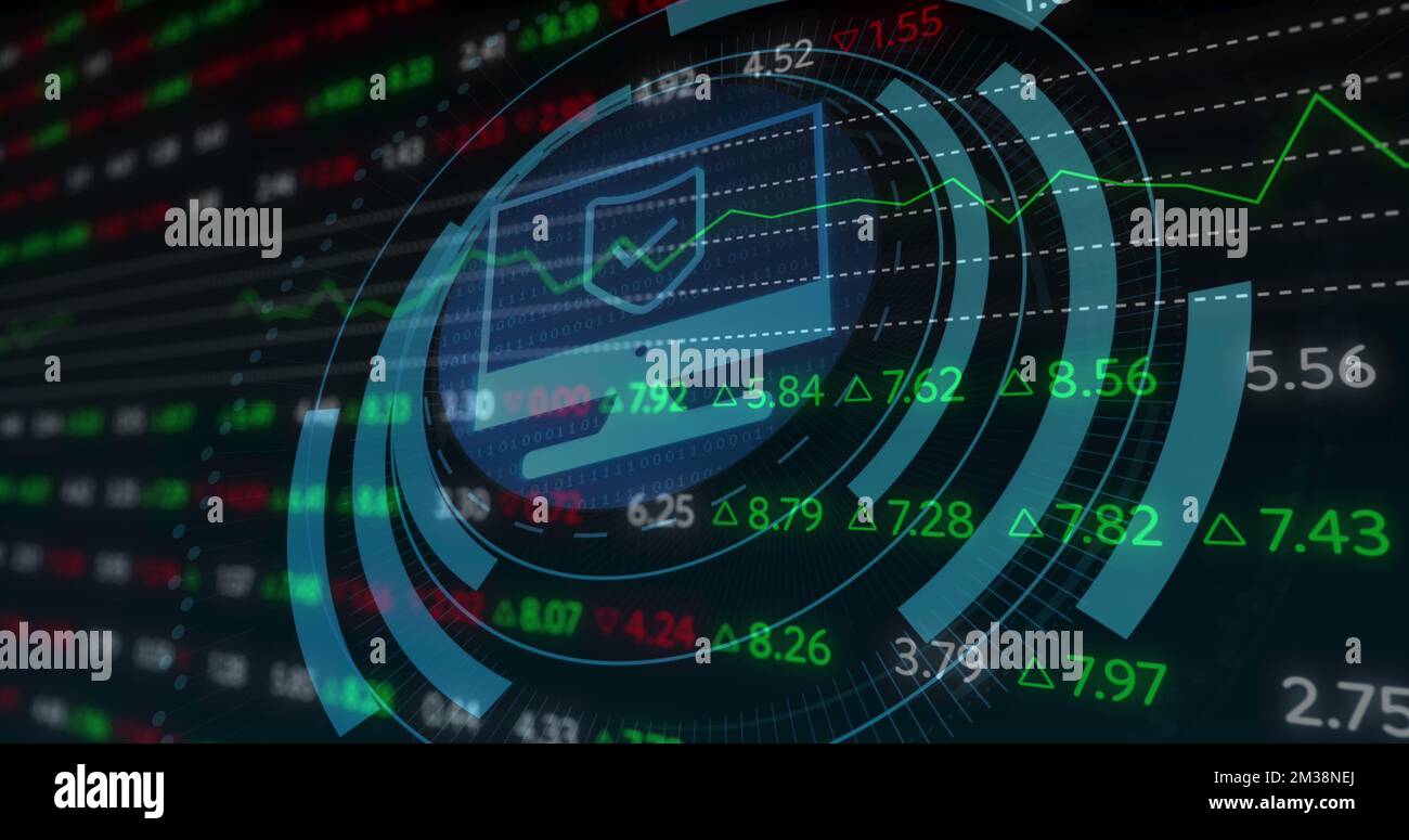 Image of scope scanning with computer icon over stock market on black ...