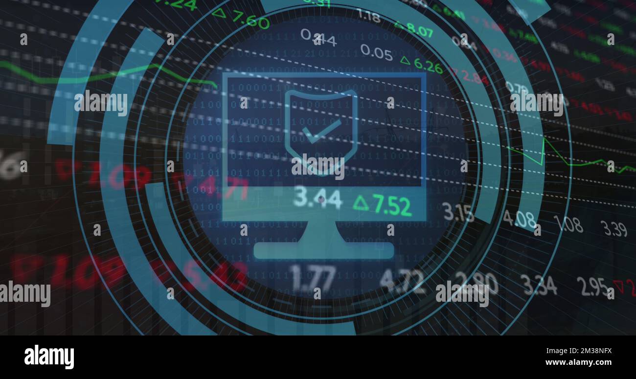 Image of scope scanning with computer icon over stock market on black ...