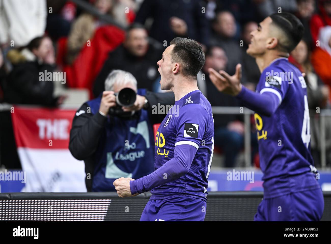 Beerschots Lawrence Shankland celebrates after scoring, but hes goal will not count after a VAR check during a soccer match between Royal Antwerp FC and Beerschot VA, Sunday 06 March 2022 in