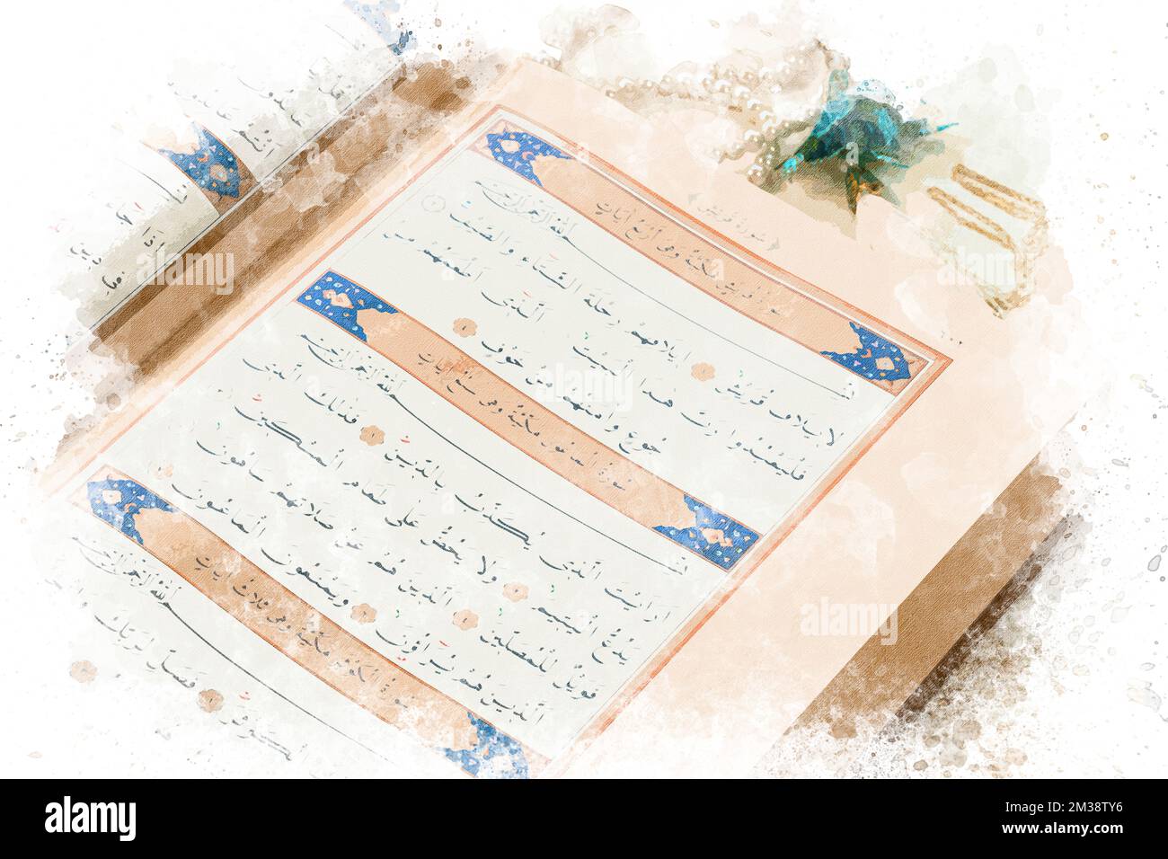 Watercolor painting of The Holy Quran. Reading The Quran during Ramadan
