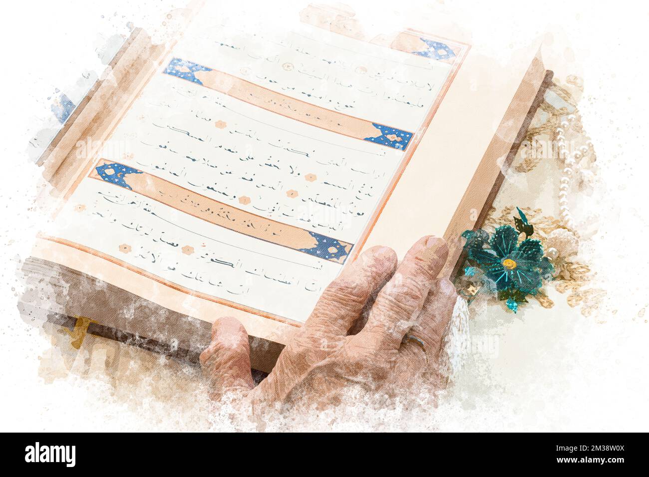 Watercolor Painting Of The Holy Quran Reading The Quran During Ramadan Watercolor painting of the holy quran reading the quran during ramadan