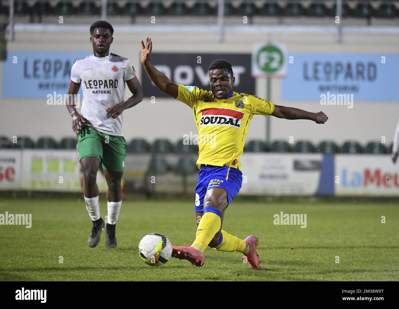 Westerlo's Kouya Mabea fights for the ball during a soccer match between Royal Excelsior Virton and KVC Westerlo, Friday 11 March 2022 in Virton, on day 24 of the '1B Pro League' second division of the Belgian soccer championship. BELGA PHOTO JOHN THYS Stock Photo