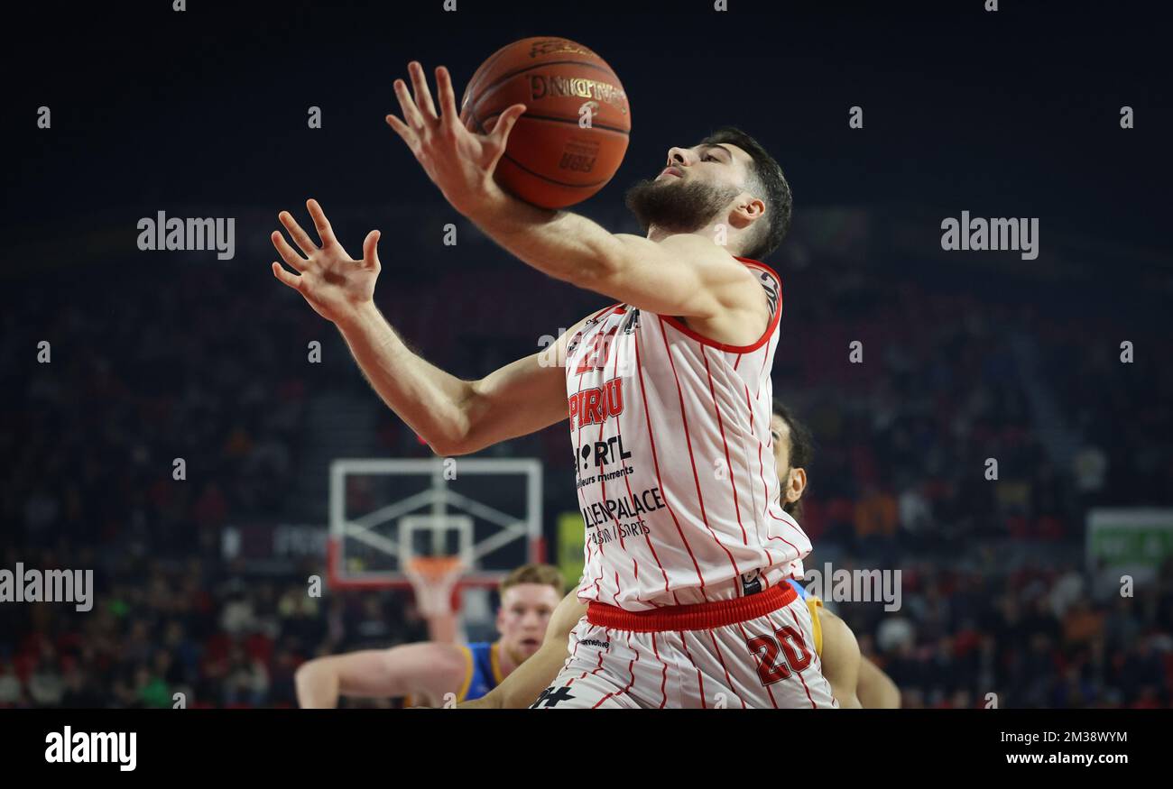 Spirou's Vukan Samardzic fights for the ball during a basketball match  between Spirou Charleroi (Belgium) and Den Helder Suns (Netherlands),  Friday 11 March 2022 in Charleroi, on the first day of the