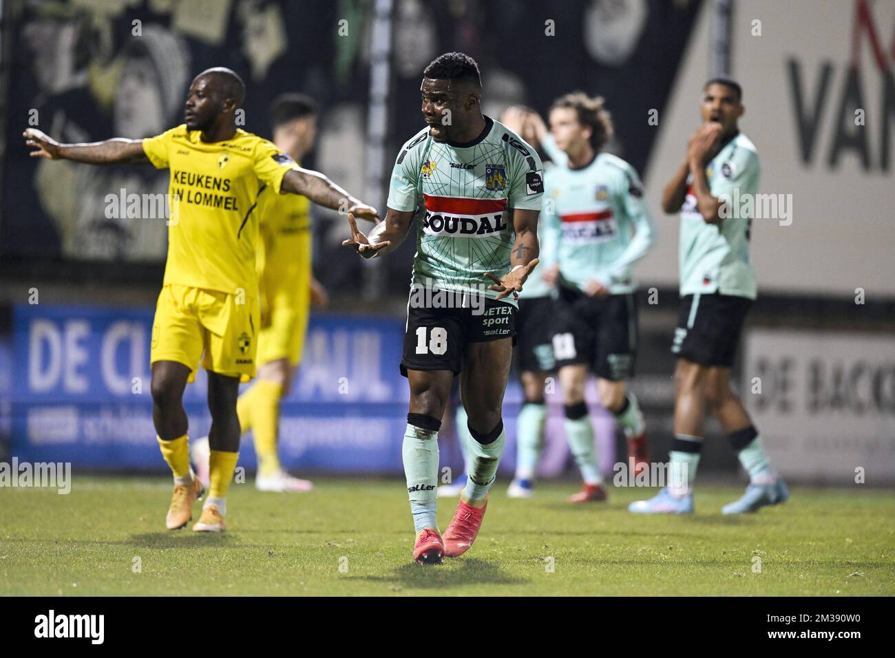 Westerlo's Kouya Mabea shows defeat during a soccer match between Lierse Kempenzonen and KVC Westerlo, Wednesday 16 March 2022 in Lier, a delayed game of day 21 of the '1B Pro League' second division of the Belgian soccer championship. BELGA PHOTO TOM GOYVAERTS Stock Photo