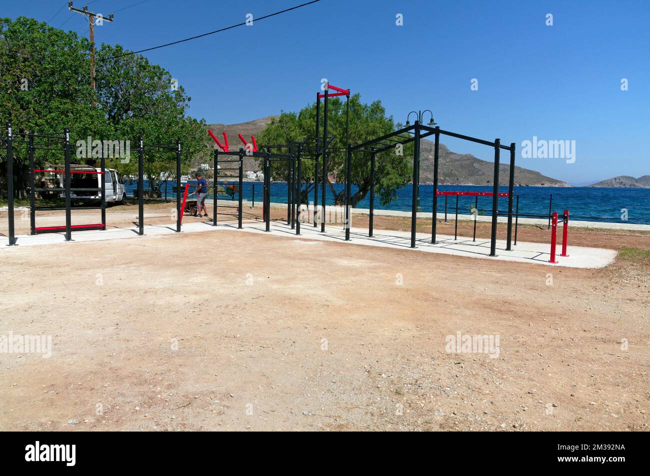 Street Workout, Outdoor fitness centre, Tilos island off Rhodes. Views 2022. May. cym Stock Photo