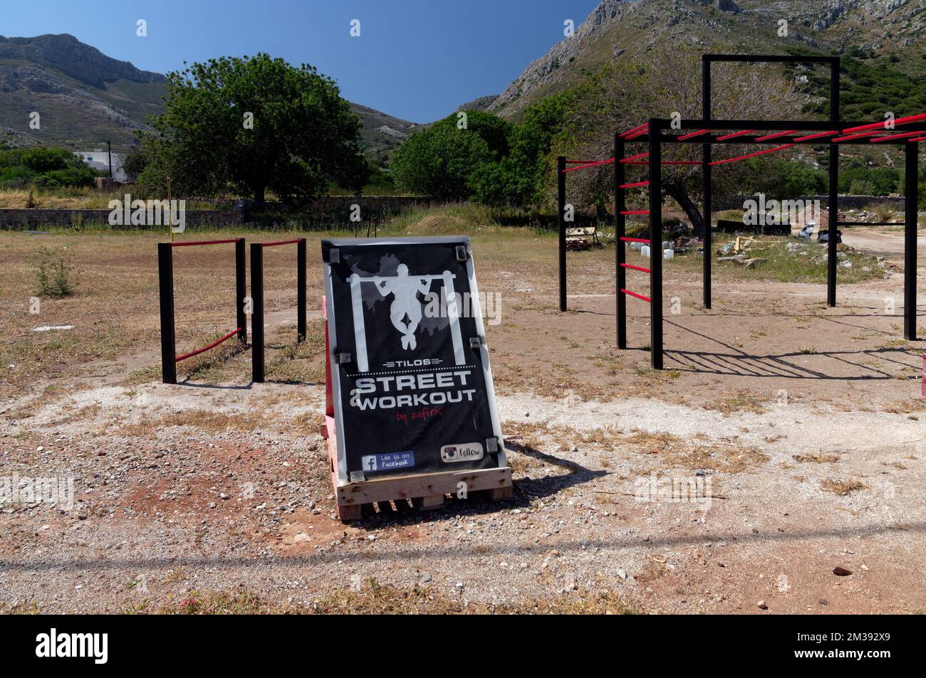 Street Workout, Outdoor fitness centre, Tilos island off Rhodes. Views 2022. May. cym Stock Photo