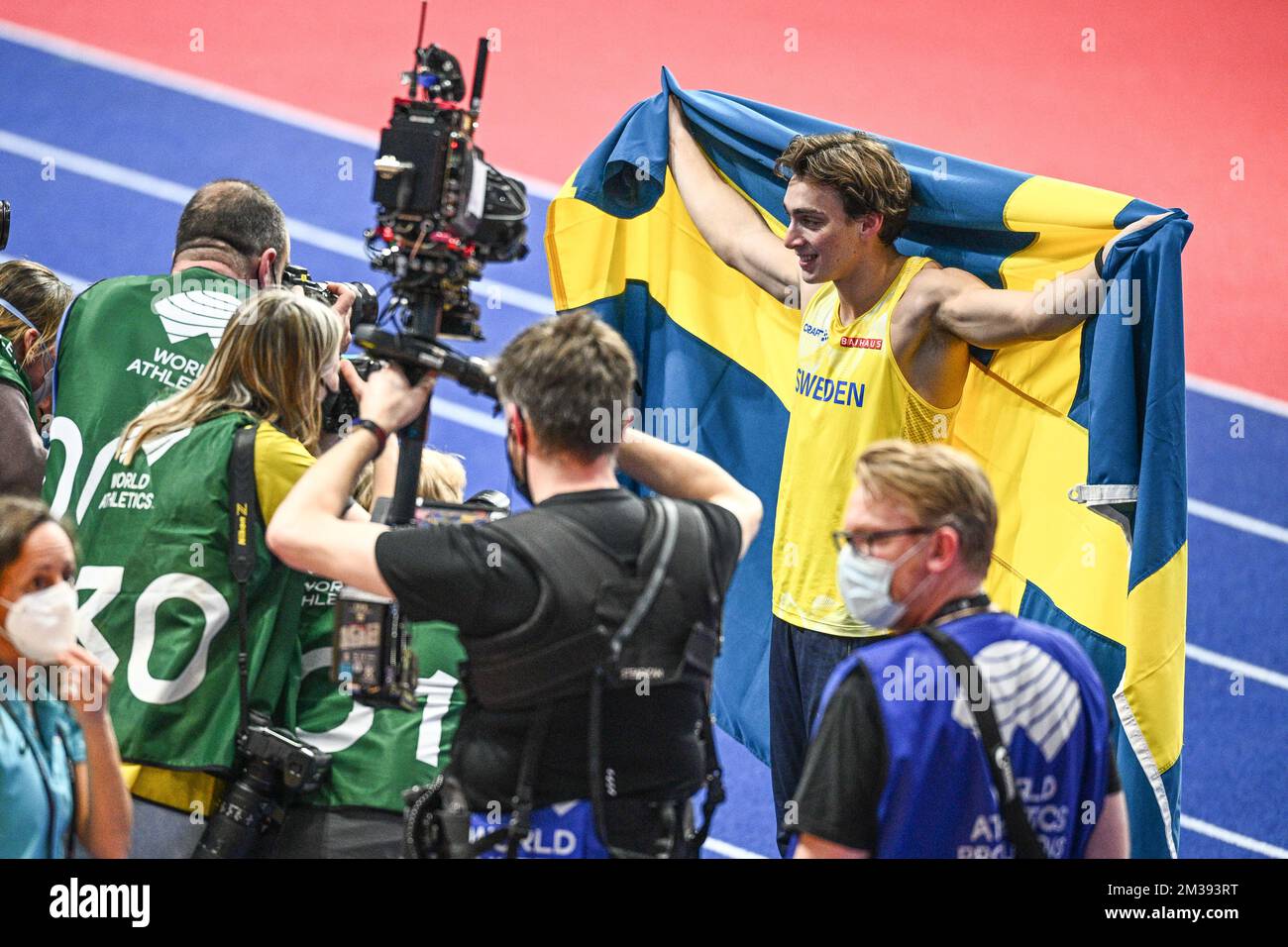 Swedish pole vaulter Armand Mondo Duplantis celebrates after winning