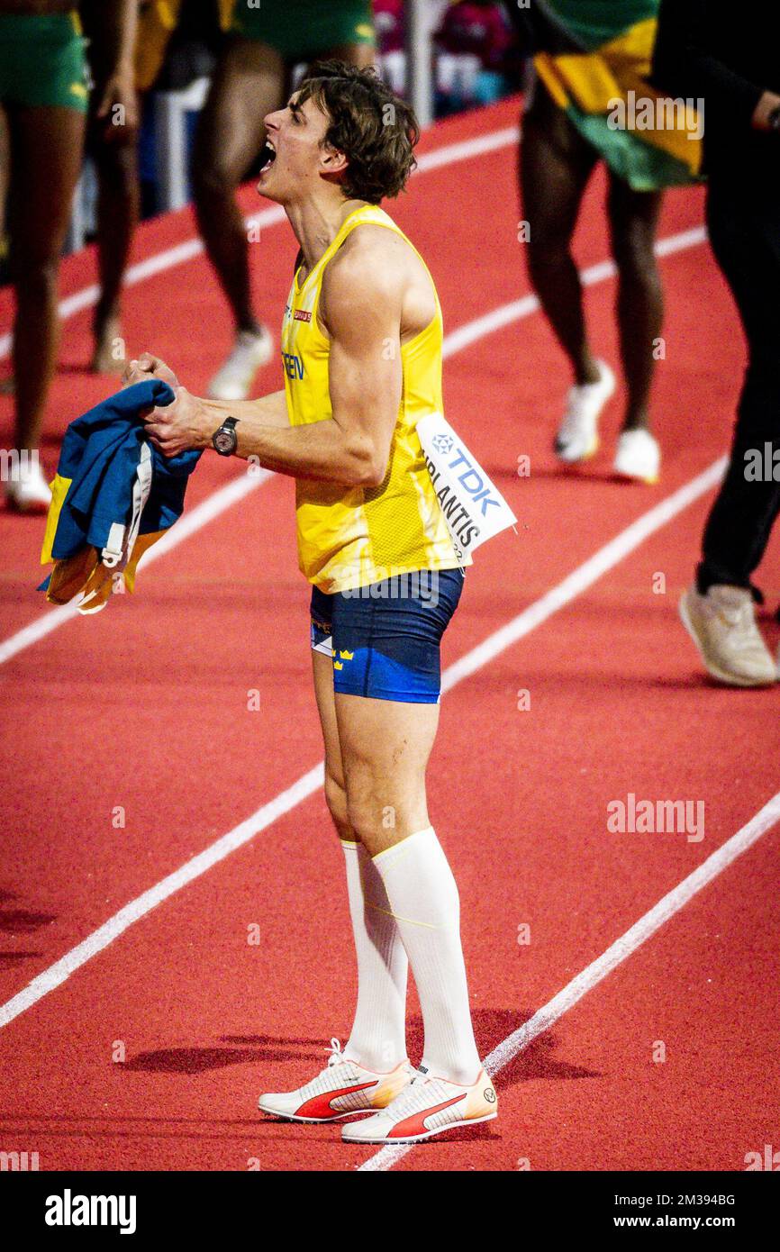 Swedish pole vaulter Armand Mondo Duplantis celebrates after winning