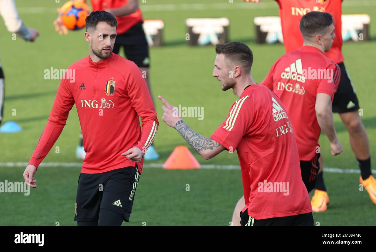 Belgium's Adnan Januzaj and Belgium's Siebe Van der Heyden pictured during a training session of the Royal Belgian Football Association (RBFA), Tuesday 22 March 2022in Tubize, during the preparations for the friendly games against and in Ireland (26/03) and against Burkina Faso (29/03). BELGA PHOTO VIRGINIE LEFOUR Stock Photo