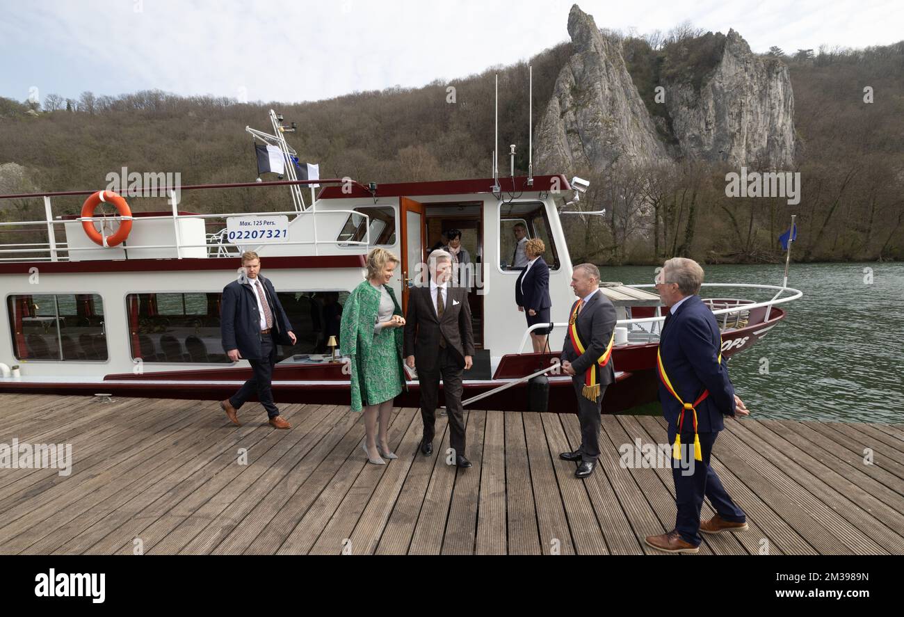 King Philippe - Filip of Belgium and Queen Mathilde of Belgium pictured during a royal boat ride with the Compagnies des Croisieres Mosanes, on the Meuse river, to the Freyr Castle and Gardens (Chateau et Jardins de Freyr-sur-Meuse) in Hastiere, Wednesday 30 March 2022. The royal couple visits the province of Namur (Namen), today. BELGA PHOTO BENOIT DOPPAGNE Stock Photo