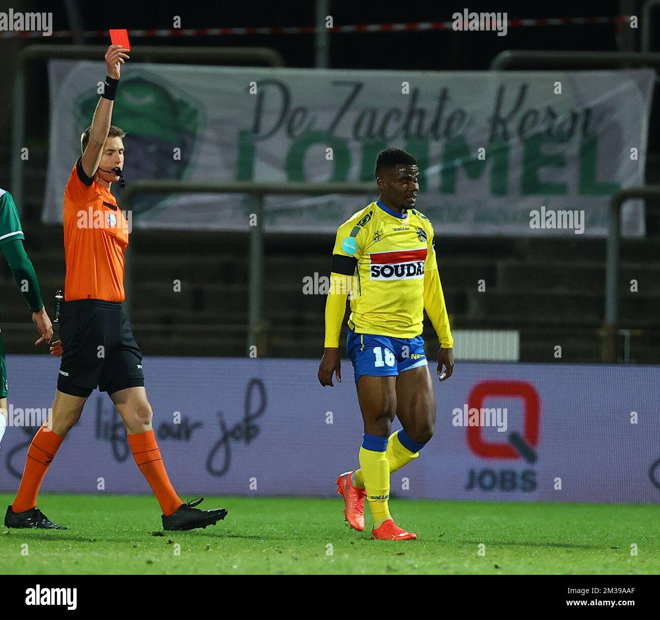 Westerlo's Kouya Mabea receives a red card from the referee during a soccer match between Lommel SK and KVC Westerlo, Saturday 02 April 2022 in Lommel, on day 26 of the '1B Pro League' second division of the Belgian soccer championship. BELGA PHOTO DAVID PINTENS Stock Photo