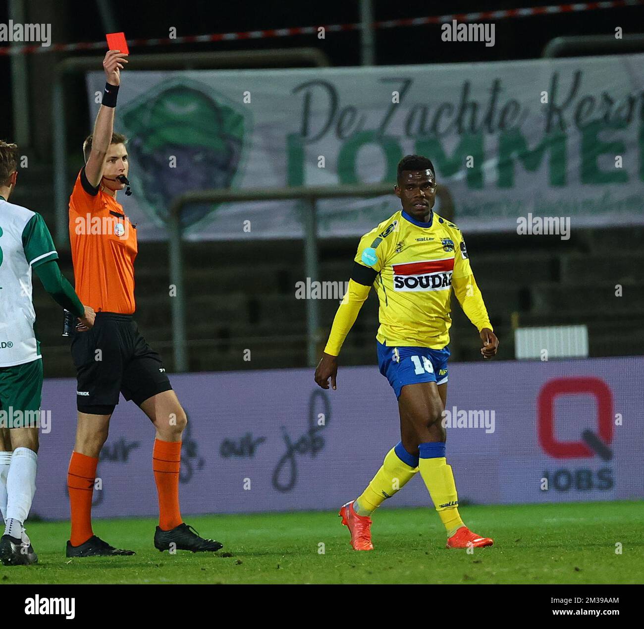 Westerlo's Kouya Mabea receives a red card from the referee during a soccer match between Lommel SK and KVC Westerlo, Saturday 02 April 2022 in Lommel, on day 26 of the '1B Pro League' second division of the Belgian soccer championship. BELGA PHOTO DAVID PINTENS Stock Photo