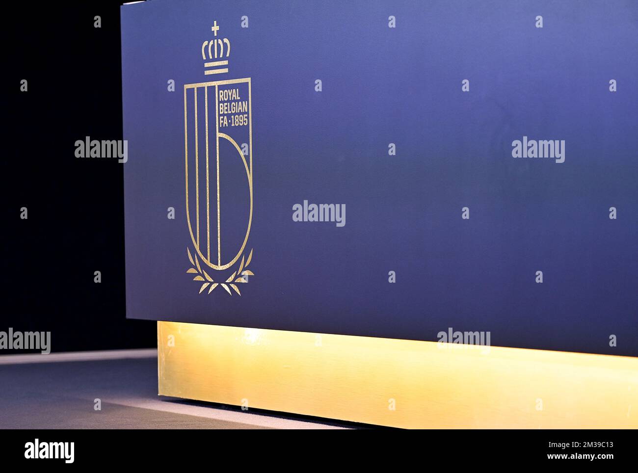 Illustration picture shows the logo of the Royal Belgian Football Association during a press conference of the Belgium's national women's soccer team the Red Flames, Tuesday 05 April 2022 in Tubize. BELGA PHOTO DAVID CATRY Stock Photo