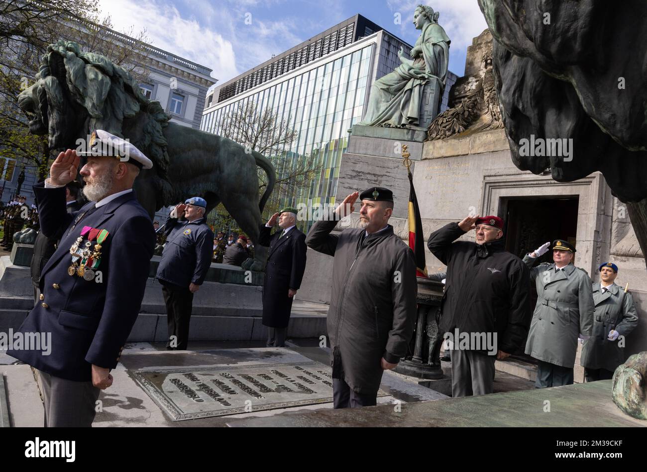 Illustration picture taken during a ceremony to commemorate soldiers who lost their lives serving the Belgian Defence in peace operations, at the Tomb of the Unknown Soldier monument in Brussels, Thursday 07 April 2022. BELGA PHOTO NICOLAS MAETERLINCK Stock Photo