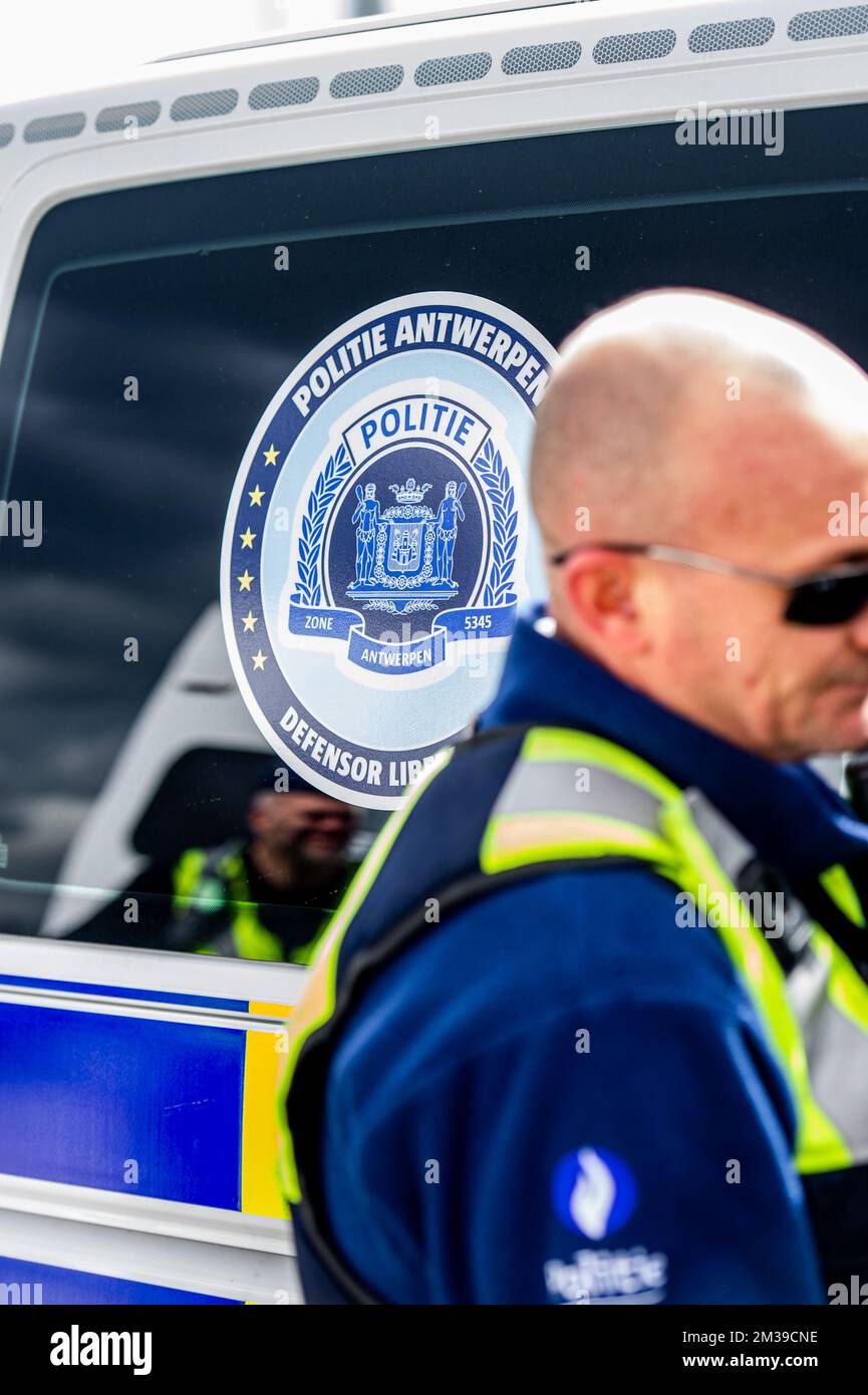 Illustration image shows a police logo during a photo opportunity with