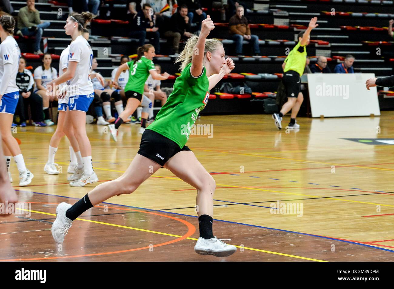 Celebration of Sam Robyns (11) of Initia Hasselt after scoring a goal  during a game between Initia Hasselt and Handball Femina Vise, Saturday 09  April 2022, in Hasselt, the women's final of