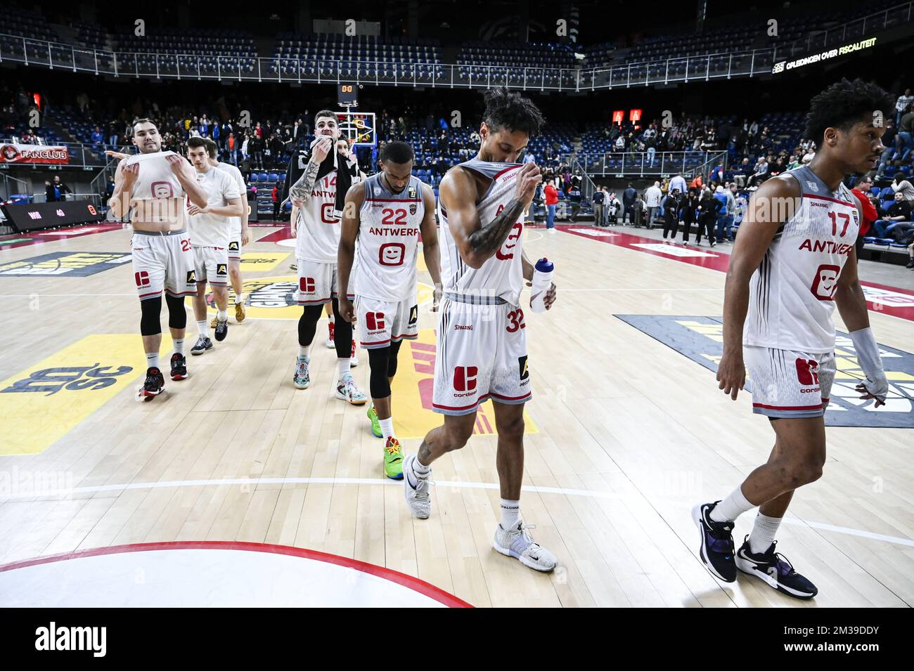 Antwerp's Dennis Donkor shows defeat after a basketball match between Antwerp Giants (Belgium