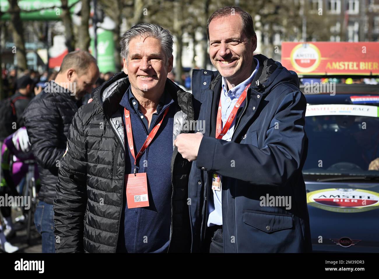 Leo van Vliet and Christian Prudhomme at the start of the men elite 'Amstel Gold Race' one day cycling race, 254,1 km from Maastricht to Valkenburg, The Netherlands, Sunday 10 April 2022. BELGA PHOTO ERIC LALMAND Stock Photo