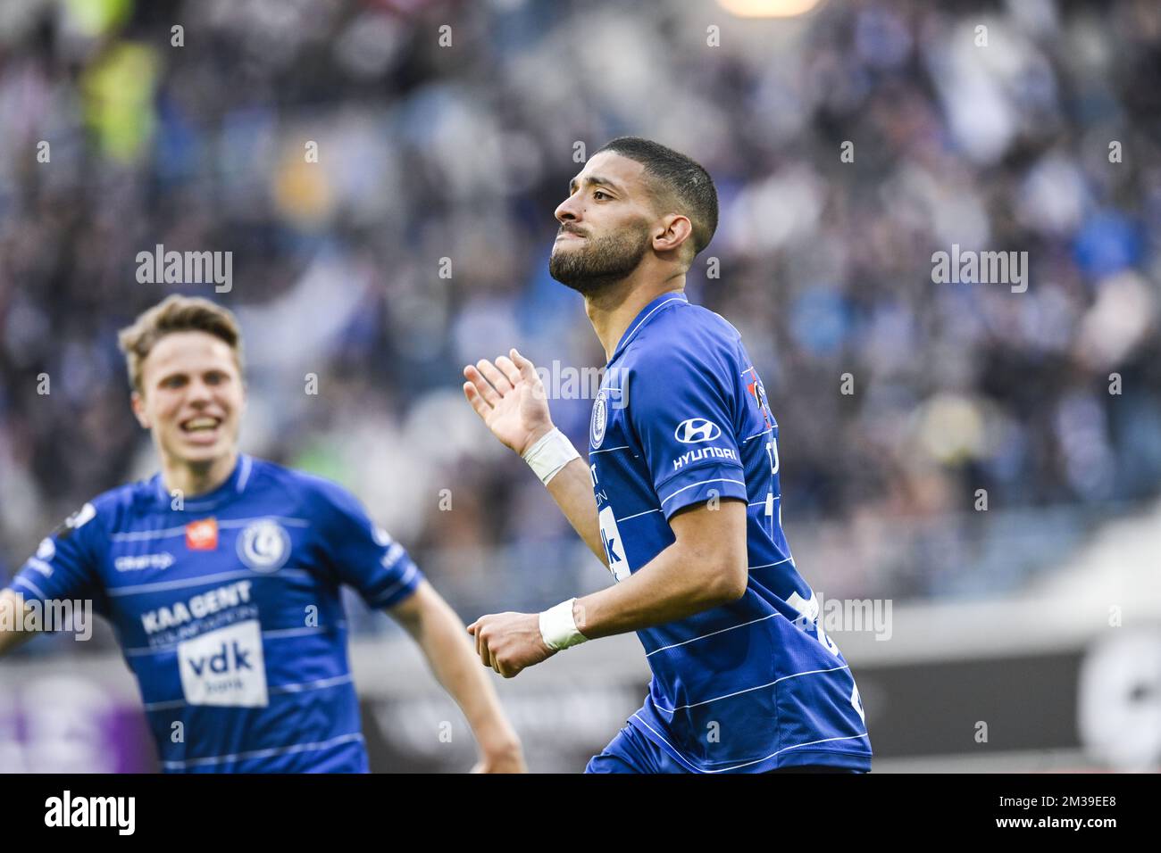 Gent's Tarik Tissoudali celebrates after scoring during a soccer match