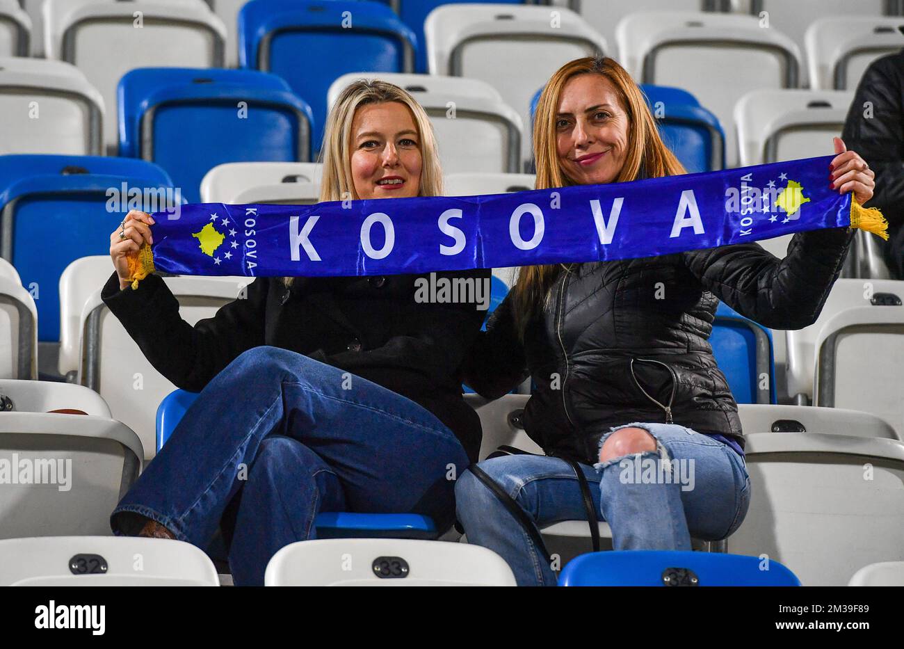 fans of Kosova pictured during the match between Belgium's national women's soccer team the Red Flames and Kosovo, in Pristina, Kosovo, Tuesday 12 April 2022, match 8 (out of ten) in group F of the qualifications group stage for the women's 2023 World Cup. BELGA PHOTO DAVID CATRY Stock Photo