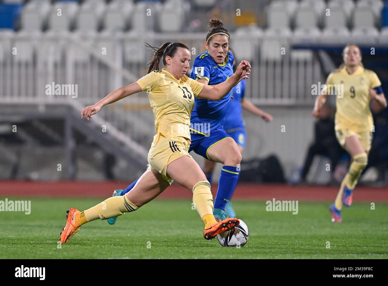 Belgium's Hannah Eurlings and Kosovo's Edona Kastrati pictured in