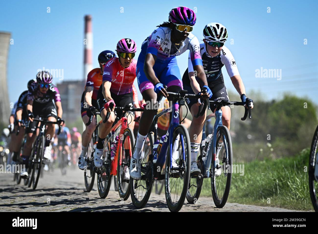 Trinidadian Teniel Campbell of BikeExchange-Jayco pictured in action during  the second edition of the women elite race of the 'Paris-Roubaix' cycling  event, 124,7km from Denain to Roubaix, France on Saturday 16 April