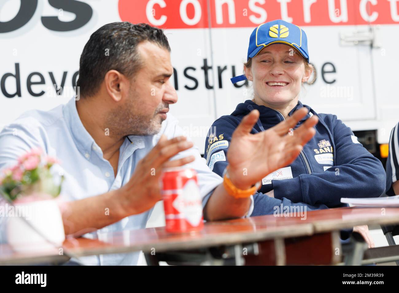 Ezzedine Laggoune and Belgian Delfine Persoon pictured during a press conference of boxer Persoon, in Gits, Thursday 28 April 2022. Persoon will be fighting in Dubai in May. She is also presenting a new training hall for the 'Boxing Team Houtland'. BELGA PHOTO KURT DESPLENTER Stock Photo