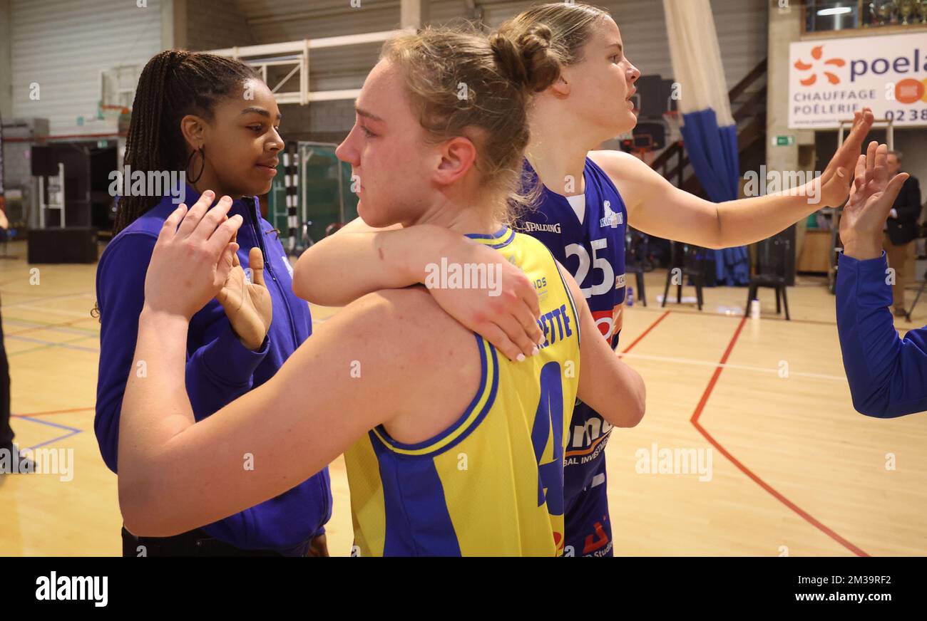 Castors' Elise Ramette looks dejected after the basketball match between  Castors Braine and Kangoeroes Mechelen, Friday 29 April 2022 in Braine-L'Alleud,  third game (out of 3) in the Play-offs finals in the