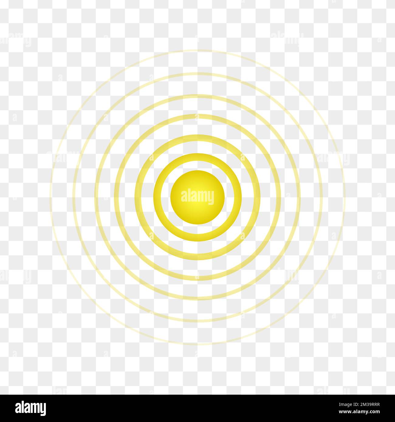 Yellow point with concentric circles. Symbol of aim, target, pain, healing, hurt, painkilling. Round localization icon. Radar, sound or sonar wave sign on transparent background. Vector illustration Stock Vector