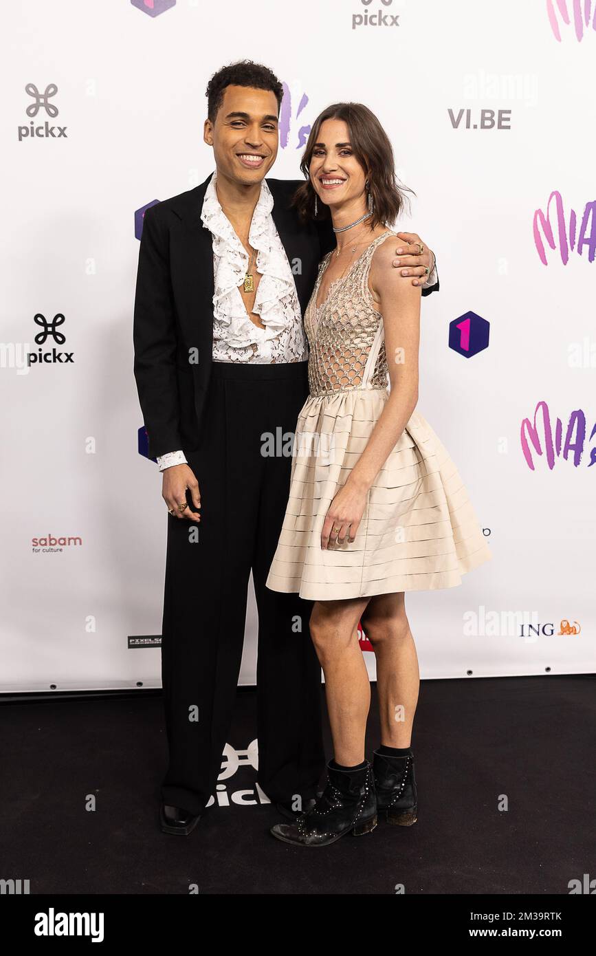 Sports journalist Aster Nzeyimana and Actress Lize Feryn pictured on the  red carpet at the arrival for the 14th edition of the MIA's (Music Industry  Award) award show, in Brussels, Saturday 30