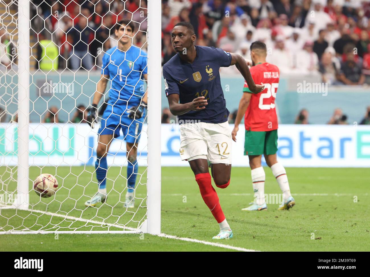 Al Khor, Qatar. 14th Dec, 2022. Randal Kolo Muani (C) of France celebrates his goal during during the Semifinal match between France and Morocco of the 2022 FIFA World Cup at Al Bayt Stadium in Al Khor, Qatar, Dec. 14, 2022. Credit: Cao Can/Xinhua/Alamy Live News Stock Photo