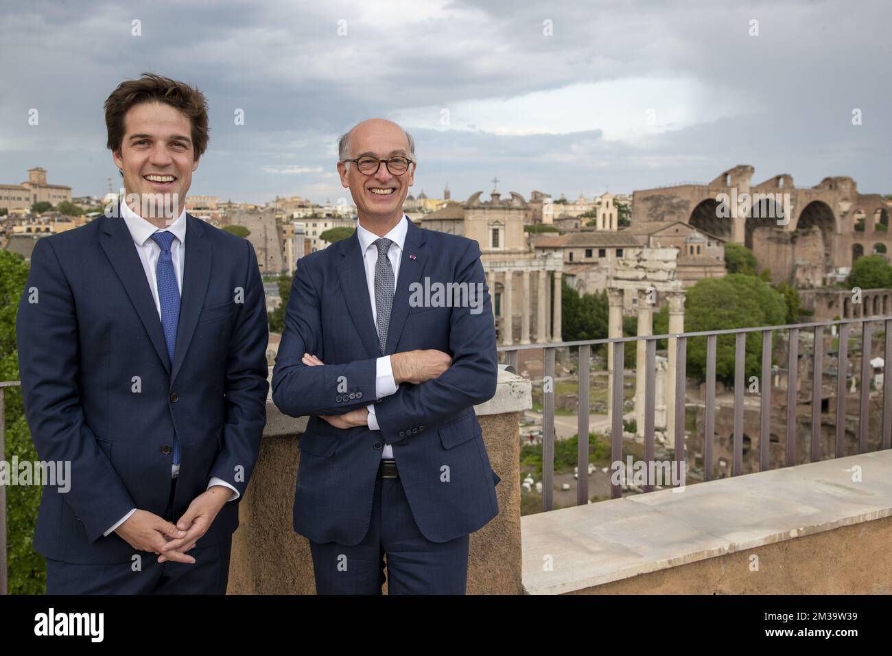 State Secretary for scientific policy Thomas Dermine and Ambassador to Italy Pierre-Emmanuel De Bauw pose for the photographer during the first day of a two day visit of the state secretary to Rome, Italy, Monday 02 May 2022. BELGA PHOTO NICOLAS MAETERLINCK Stock Photo