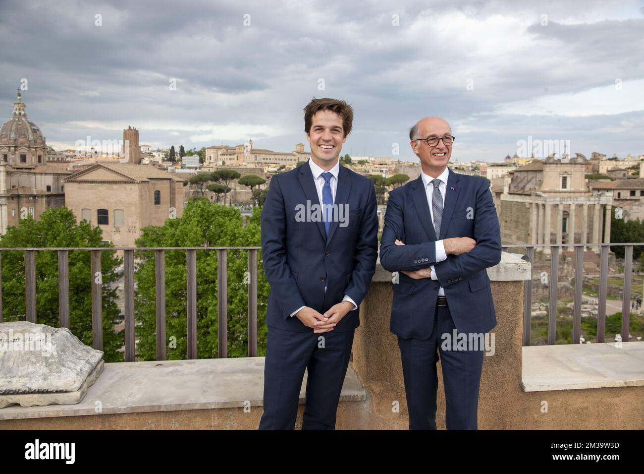 State Secretary for scientific policy Thomas Dermine and Ambassador to Italy Pierre-Emmanuel De Bauw pose for the photographer during the first day of a two day visit of the state secretary to Rome, Italy, Monday 02 May 2022. BELGA PHOTO NICOLAS MAETERLINCK Stock Photo