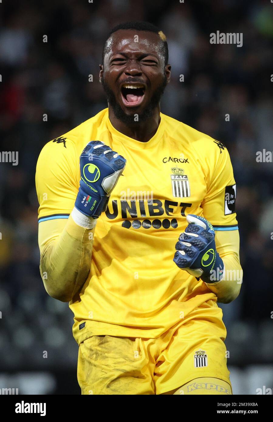 Charleroi's goalkeeper Herve Koffi celebrates during a soccer match between  Sporting Charleroi and KRC Genk, Friday 06 May 2022 in Charleroi, on day 3  (of 6) of the 'Europe' play-offs of the 