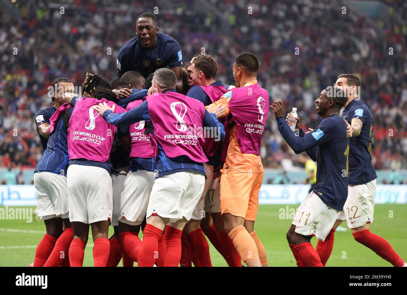 Al Khor, Qatar. 14th Dec, 2022. Players of France celebrate Randal Kolo Muani's goal during the Semifinal match between France and Morocco of the 2022 FIFA World Cup at Al Bayt Stadium in Al Khor, Qatar, Dec. 14, 2022. Credit: Cao Can/Xinhua/Alamy Live News Stock Photo