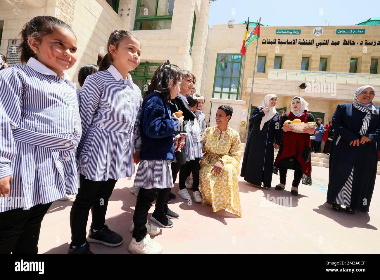 Minister for Development Cooperation Meryame Kitir pictured during a visit to Green School on day two of the visit of Minister of Development Cooperation and Urban Policy Kitir to the Palestinian Territories, Tuesday 10 May 2022. Kitir will visit Palestine from 09 to 13 May. There she draws attention to the need for high-quality protection for Palestinians who have to live under the occupation and wants to give Palestinian young people and women a perspective on a more promising future. During her visit to the occupied Palestinian territories, Minister Kitir will reinforce her approach by laun Stock Photo