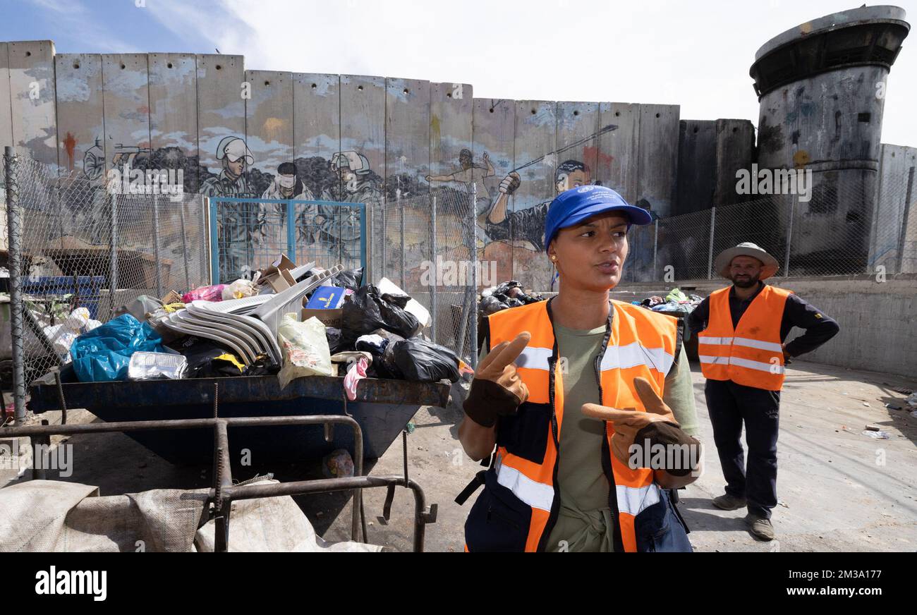 Minister for Development Cooperation Meryame Kitir pictured as she helps workers clean the streets and collect garbage, during a visit to the Aida Camp, in Betlehem, on day three of the visit of Minister of Development Cooperation and Urban Policy Kitir to the Palestinian Territories, Wednesday 11 May 2022. Kitir will visit Palestine from 09 to 13 May. There she draws attention to the need for high-quality protection for Palestinians who have to live under the occupation and wants to give Palestinian young people and women a perspective on a more promising future. During her visit to the occup Stock Photo