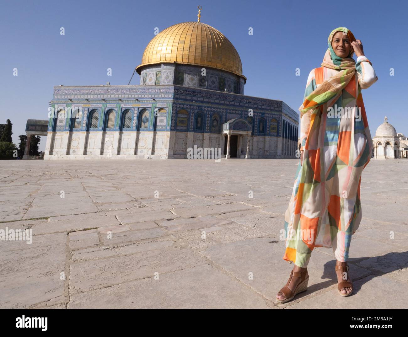 Minister for Development Cooperation Meryame Kitir pictured in front of the Dome of the Rock mosque at the al-Aqsa mosque compound in the Old City of Jerusalem during a visit to the Palestinian Territories, Thursday 12 May 2022. Kitir will visit Palestine from 09 to 13 May. There she draws attention to the need for high-quality protection for Palestinians who have to live under the occupation and wants to give Palestinian young people and women a perspective on a more promising future. During her visit to the occupied Palestinian territories, Minister Kitir will reinforce her approach by launc Stock Photo