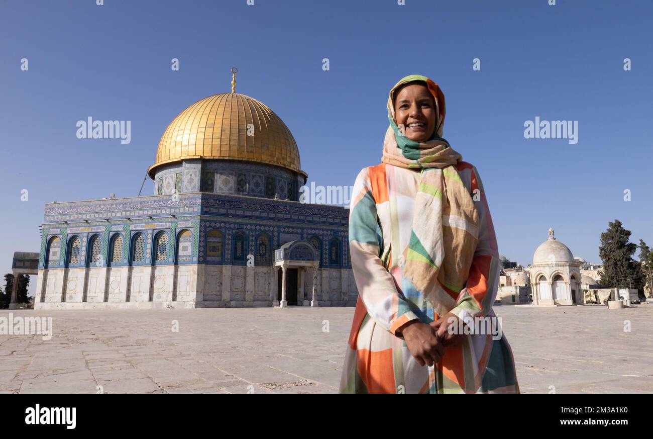 Minister for Development Cooperation Meryame Kitir pictured in front of the Dome of the Rock mosque at the al-Aqsa mosque compound in the Old City of Jerusalem during a visit to the Palestinian Territories, Thursday 12 May 2022. Kitir will visit Palestine from 09 to 13 May. There she draws attention to the need for high-quality protection for Palestinians who have to live under the occupation and wants to give Palestinian young people and women a perspective on a more promising future. During her visit to the occupied Palestinian territories, Minister Kitir will reinforce her approach by launc Stock Photo