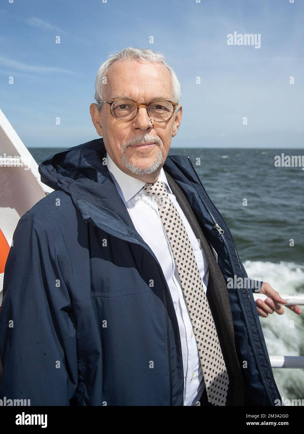 Colruyt Chairman and CEO Jef Colruyt pictured during a working visit to the offshore wind farms in the Belgian North Sea, in the port of Ostend, Friday 13 May 2022. Since the end of 2020, all 8 Belgian offshore wind farms (Norther, C-Power, Rentel, Northwind, Seamade (zones Seastar en Mermaid), Nobelwind, Belwind en Northwester II) have been operational, with a capacity of 2,262 MW. Belgium is in the world top with this. With the climate and energy crisis, exacerbated for several months by the war in Ukraine, Belgium wants to continue to focus on the production of green electricity in our Nort Stock Photo