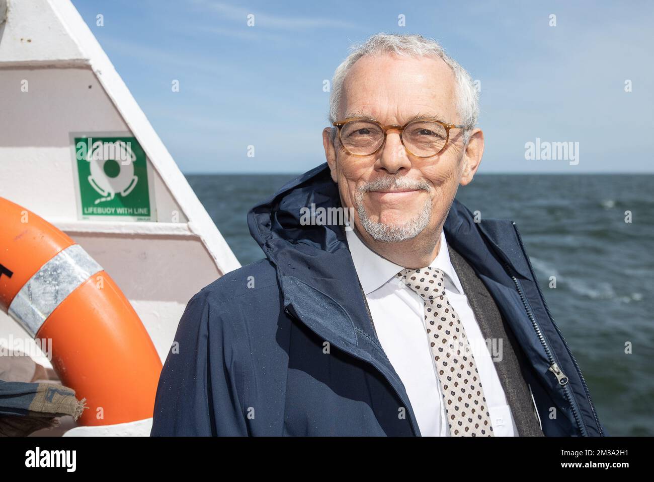 Colruyt Chairman and CEO Jef Colruyt pictured during a working visit to the offshore wind farms in the Belgian North Sea, in the port of Ostend, Friday 13 May 2022. Since the end of 2020, all 8 Belgian offshore wind farms (Norther, C-Power, Rentel, Northwind, Seamade (zones Seastar en Mermaid), Nobelwind, Belwind en Northwester II) have been operational, with a capacity of 2,262 MW. Belgium is in the world top with this. With the climate and energy crisis, exacerbated for several months by the war in Ukraine, Belgium wants to continue to focus on the production of green electricity in our Nort Stock Photo