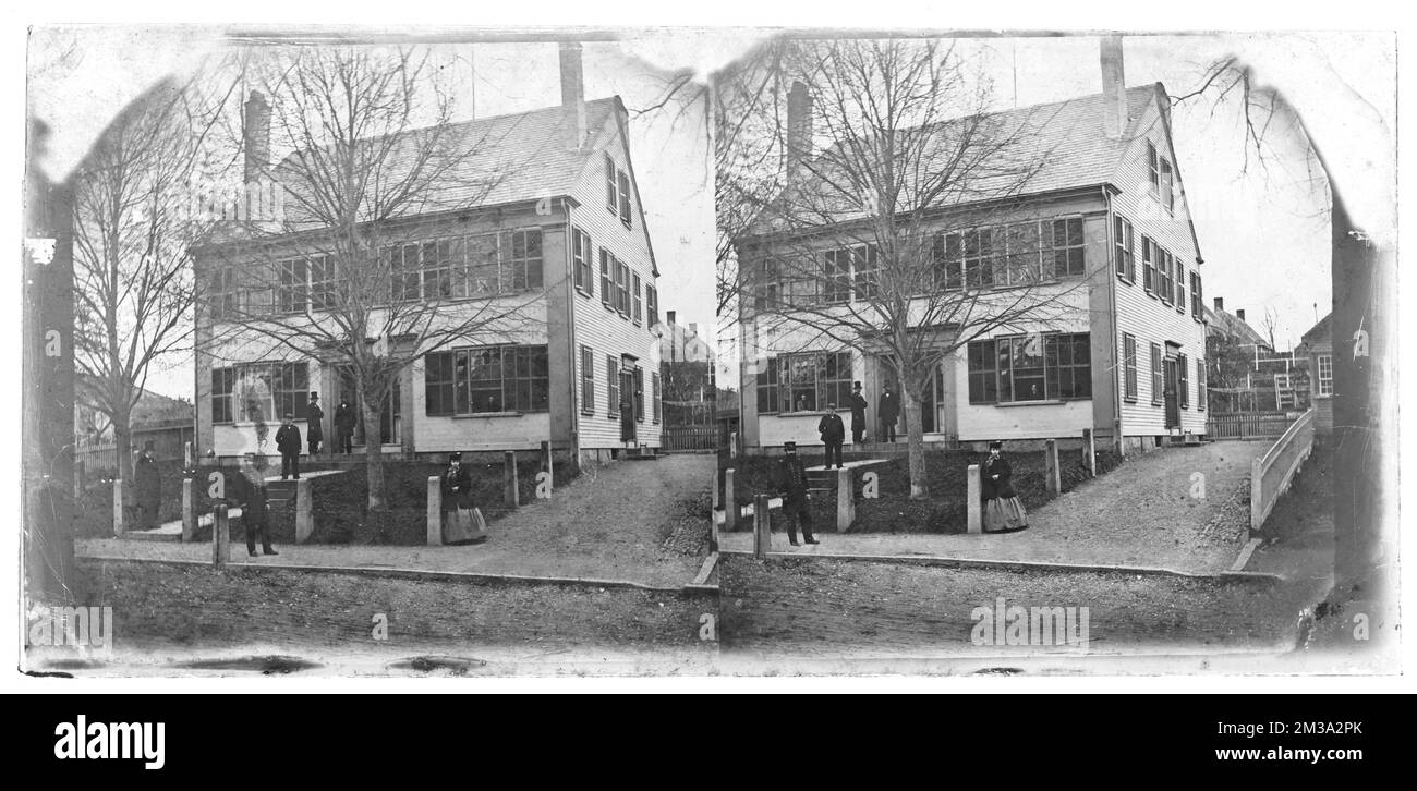 Hingham Bank group on steps and sidewalk , Buildings. Hingham Public