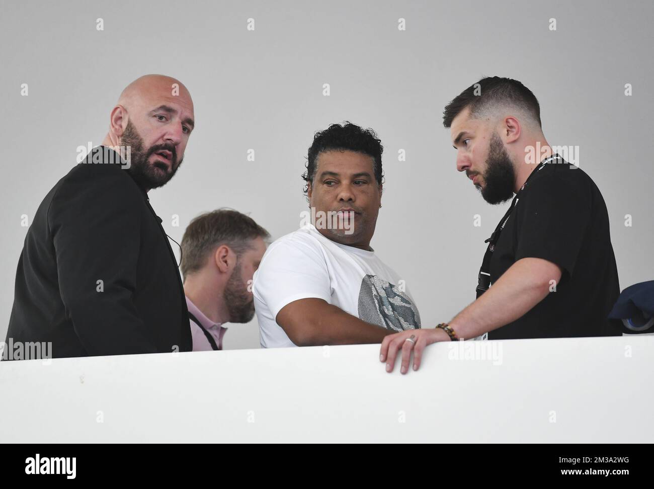 Ronaldinho's brother Roberto de Assis Moreira (C) pictured during the presentation of wines and Prosecco from the 'The Wine of The Champions' range, in the presence of Ronaldinho, Brazilian football legend, in Mons, Saturday 14 May 2022. BELGA PHOTO JOHN THYS Stock Photo