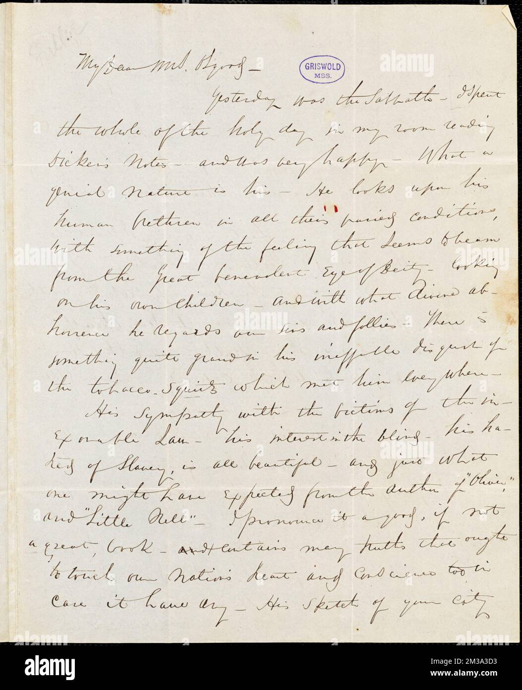 Hiram Fuller autograph letter signed to Frances Sargent (Locke) Osgood, [1842?] , American literature, 19th century, History and criticism, Authors, American, 19th century, Correspondence, Authors and publishers, Poets, American, 19th century, Correspondence, Dickens, Charles, 1812-1870. Rufus W. Griswold Papers Stock Photo