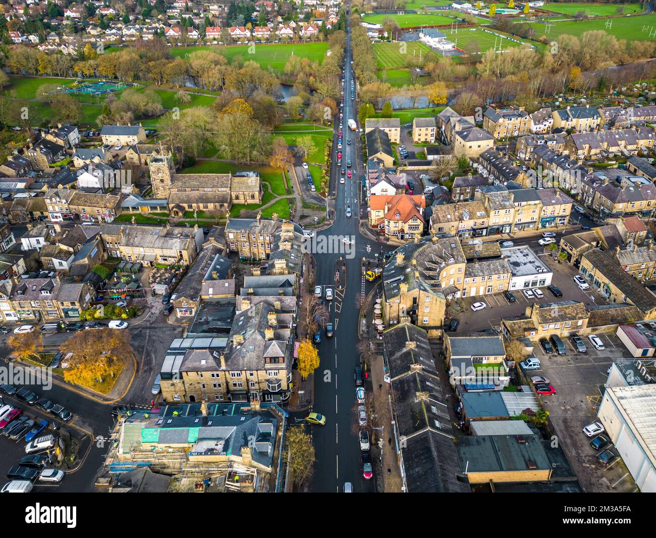 Ilkley, West Yorkshire. 7th December, 2022. Aerial view of Ilkley town