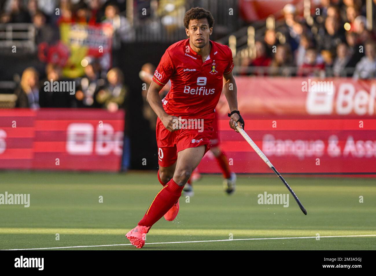 Belgium's Nelson Onana pictured during a hockey match between the Belgian  Red Lions and Spain in the group stage (game 7 out of 16) of the Men's FIH  Pro League competition, Friday