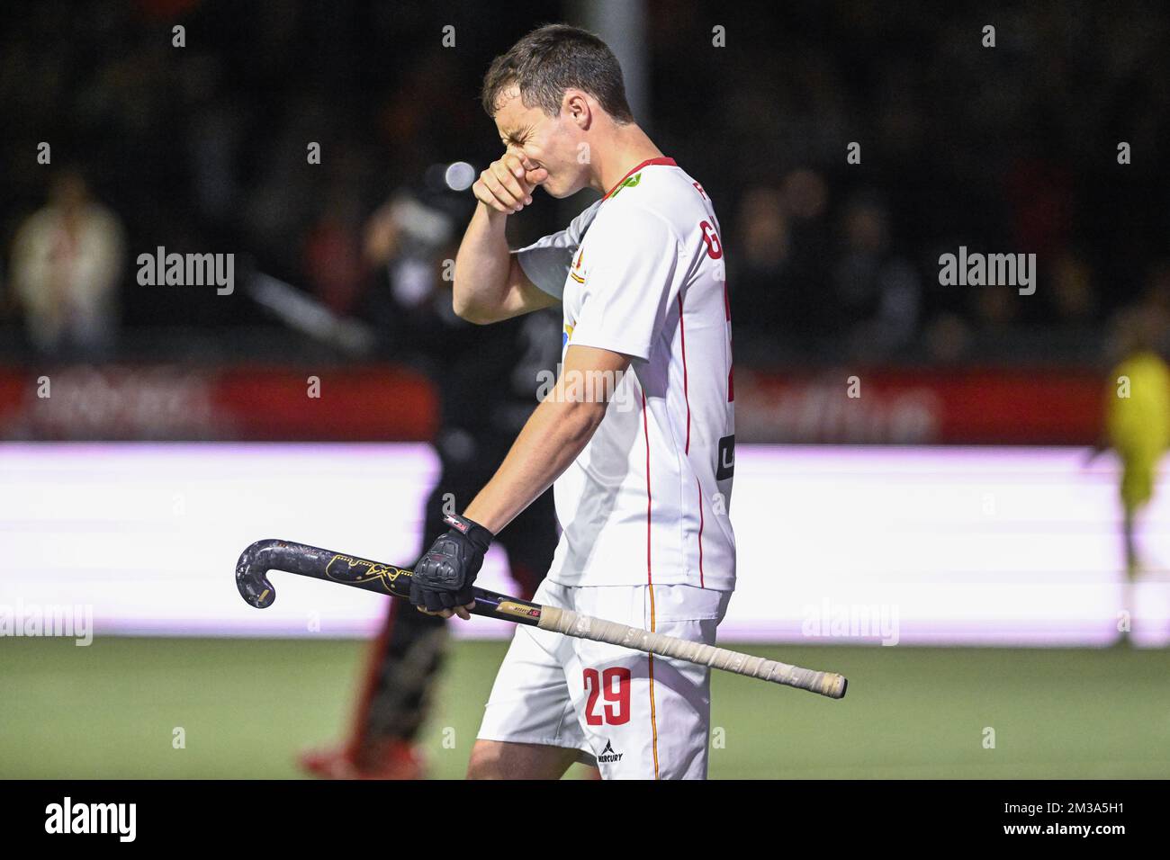 Spain's Gerard Clapes looks dejected after a hockey match between the Belgian Red Lions and Spain in the group stage (game 7 out of 16) of the Men's FIH Pro League competition, Friday 20 May 2022 in Wilrijk, Antwerp. BELGA PHOTO LAURIE DIEFFEMBACQ Stock Photo