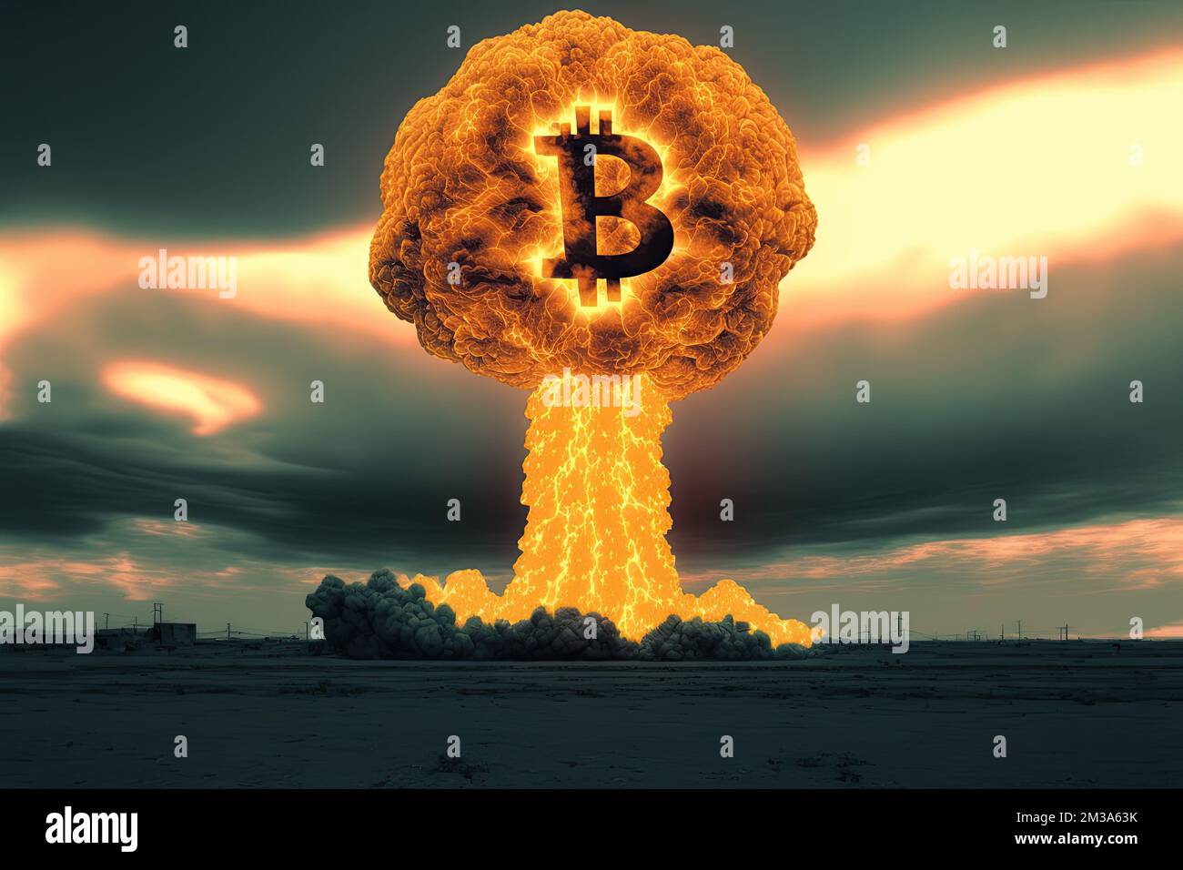 fire mushroom of a nuclear explosion of Bitcoin in the skyline creating a  nuclear fire with Bitcoin symbol. A bearish scenario on Bitcoin price and a  Stock Photo - Alamy